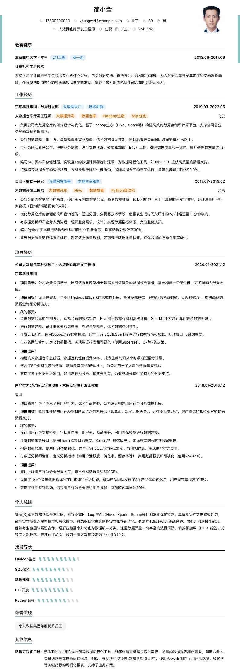 大数据仓库开发工程师简历模板
