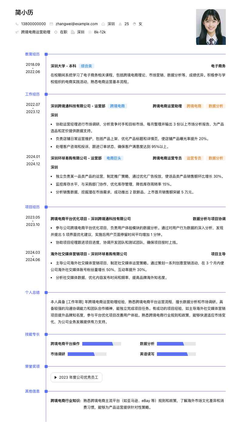 跨进电商运营助理简历模板