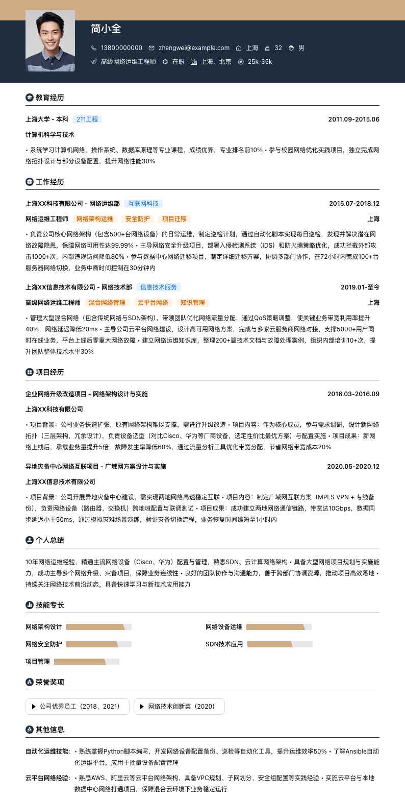 高级网络运维工程师简历模板