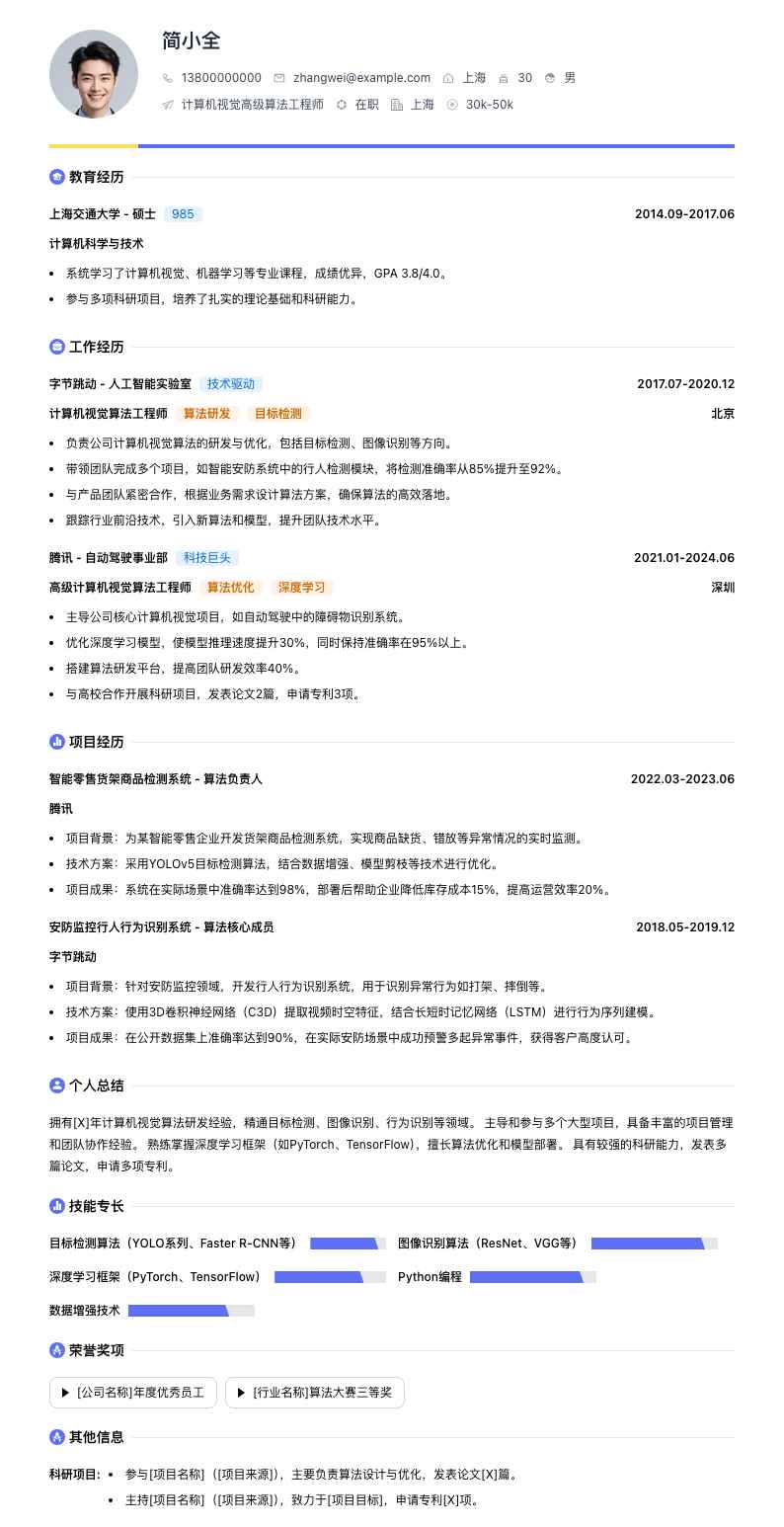 计算机视觉高级算法工程师简历模板