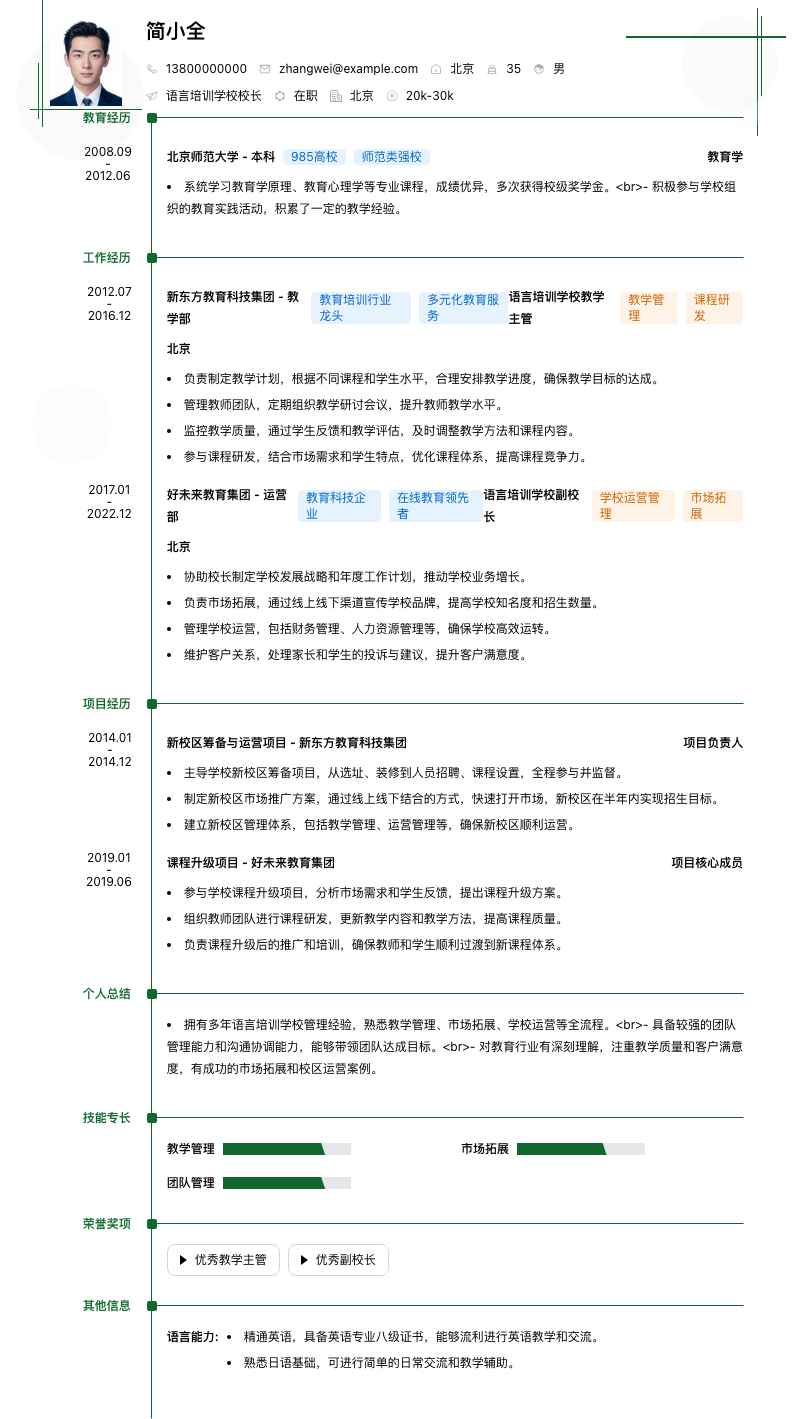 语言培训学校校长简历模板