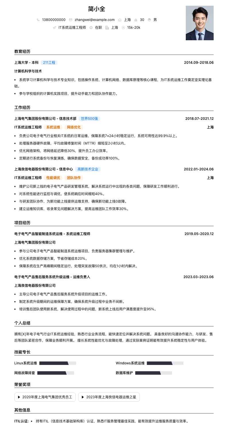 it系统运维工程师简历模板