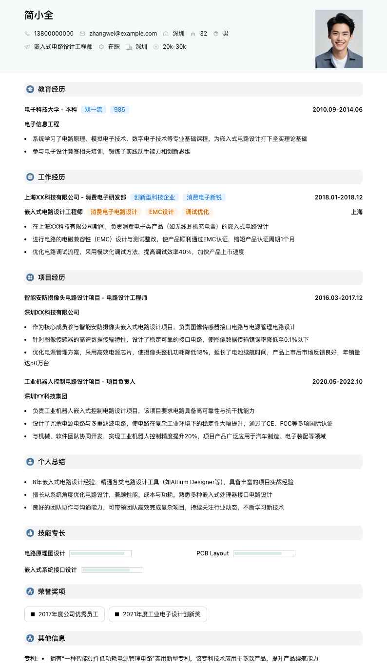 嵌入式电路设计工程师简历模板