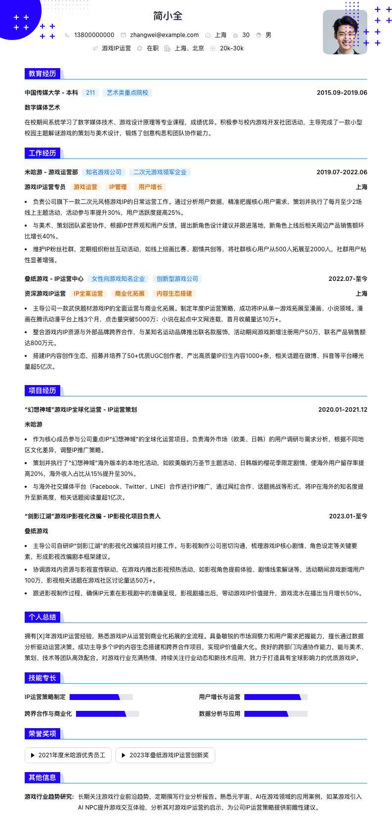 游戏IP运营简历模板
