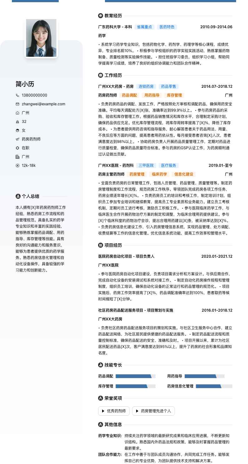 药房药剂师简历模板