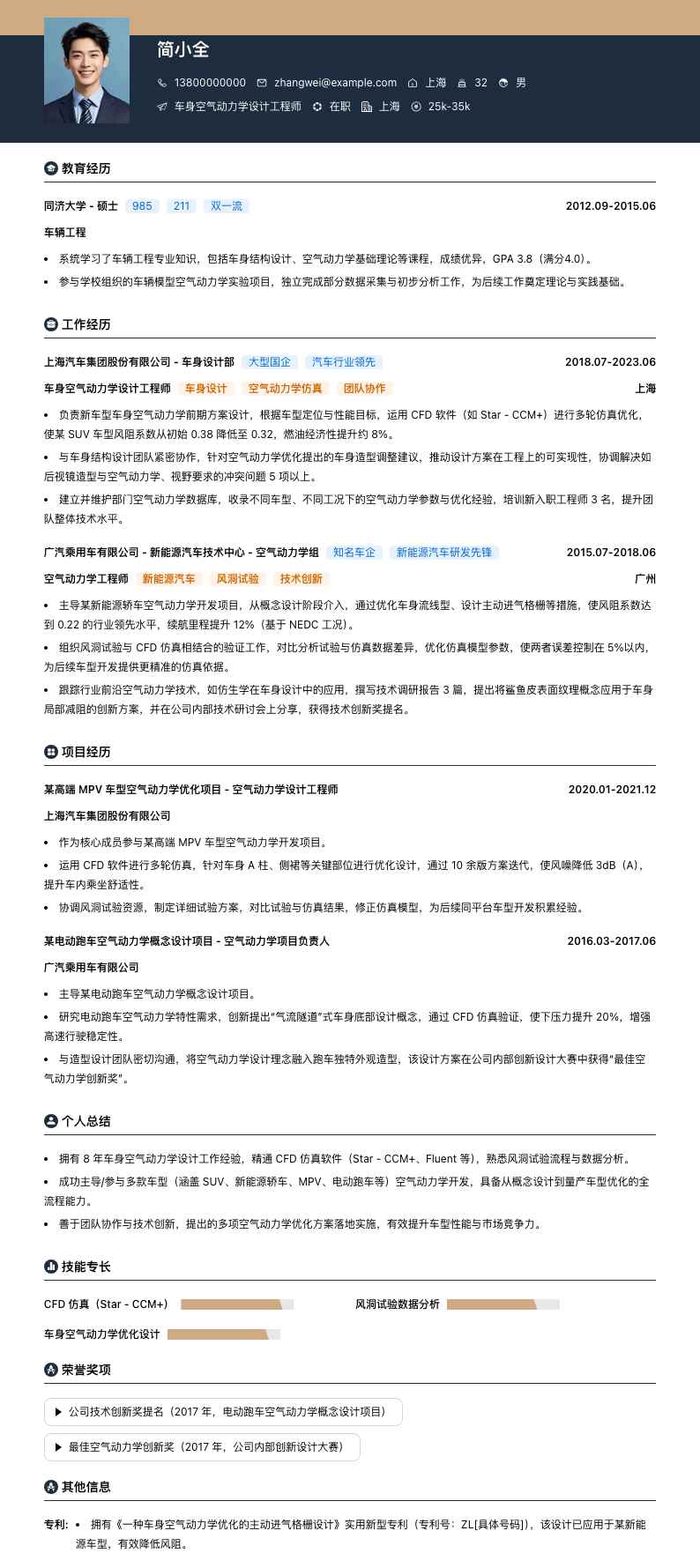 车身空气动力学设计工程师简历模板