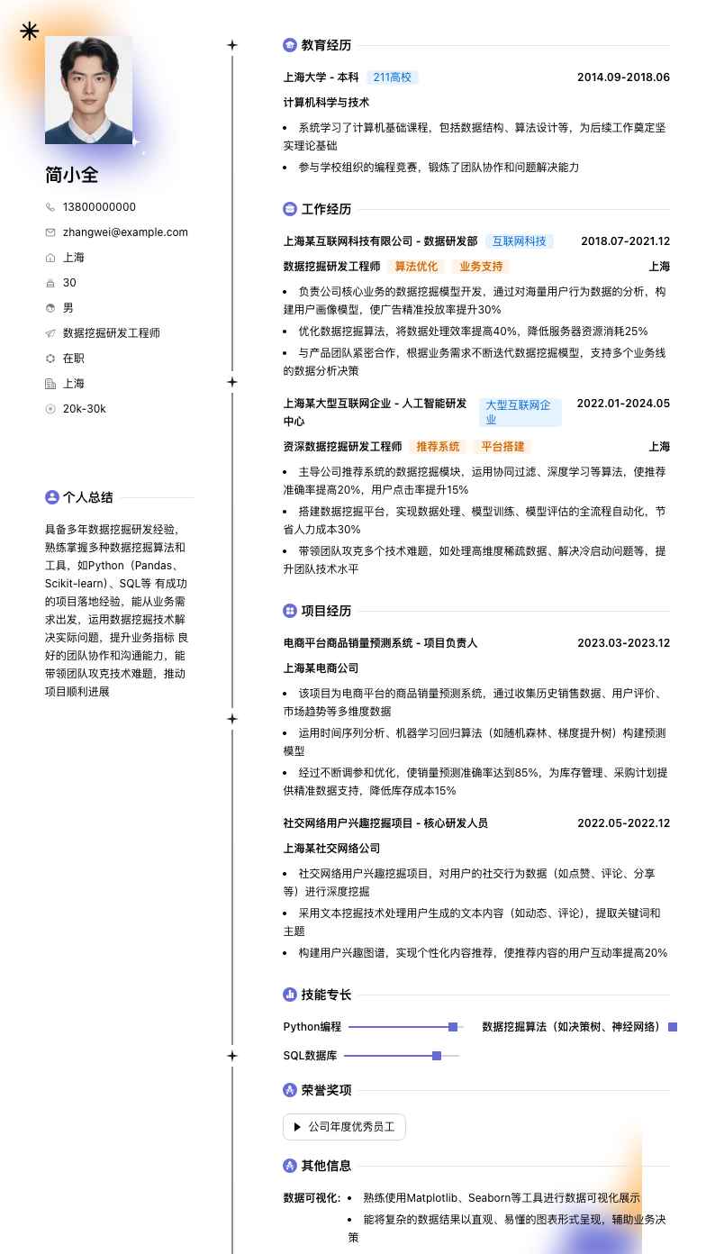 数据挖掘研发工程师简历模板