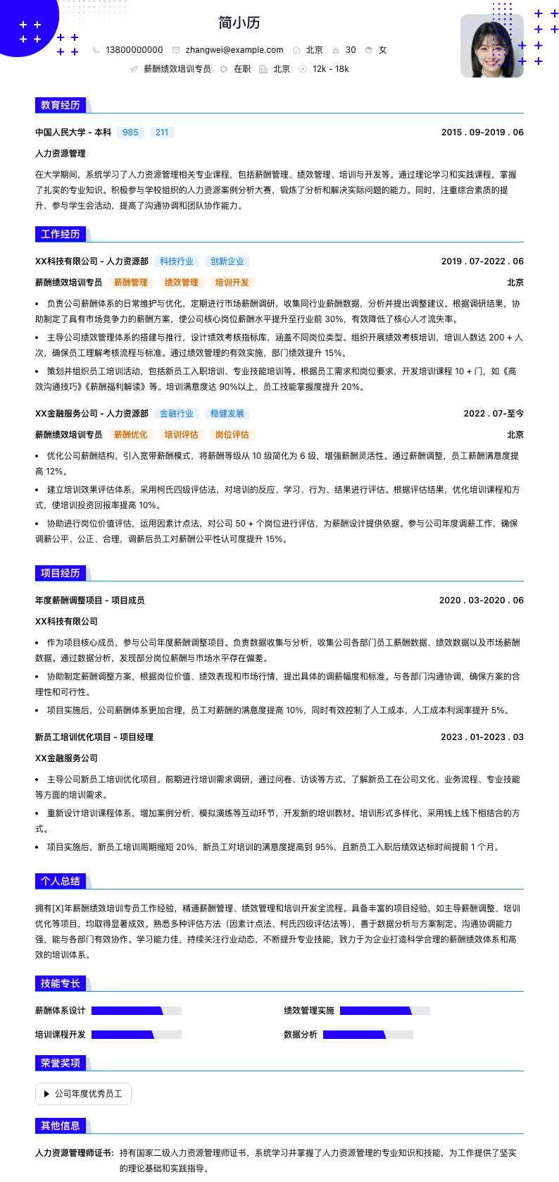 薪酬绩效培训专员简历模板