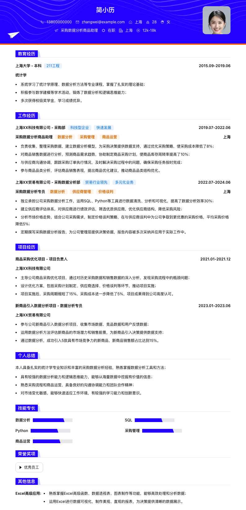 采购数据分析商品助理简历模板