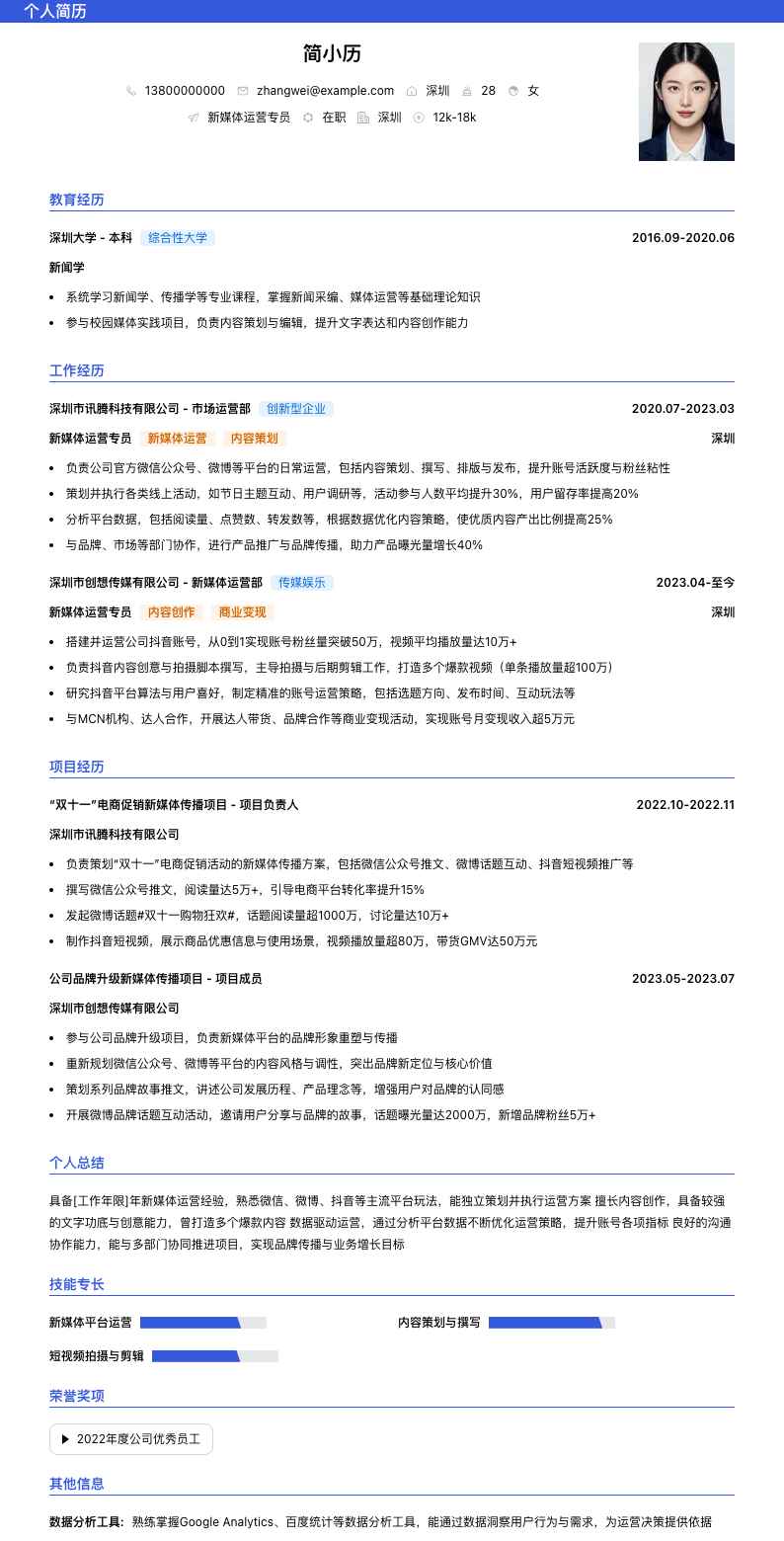 新媒体运营专员简历模板