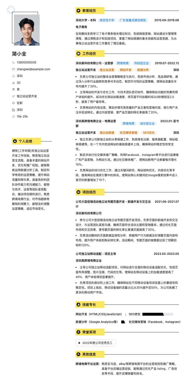 独立站运营简历模板