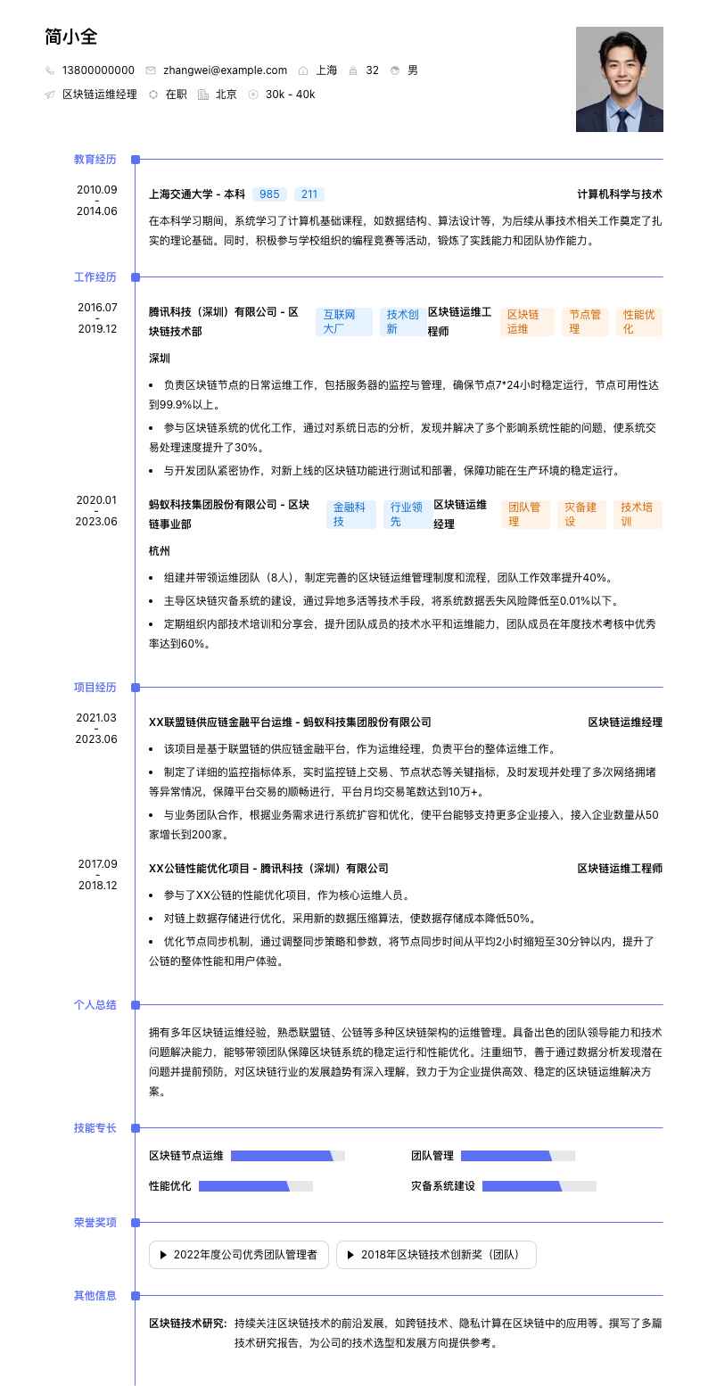 区块链运维经理简历模板