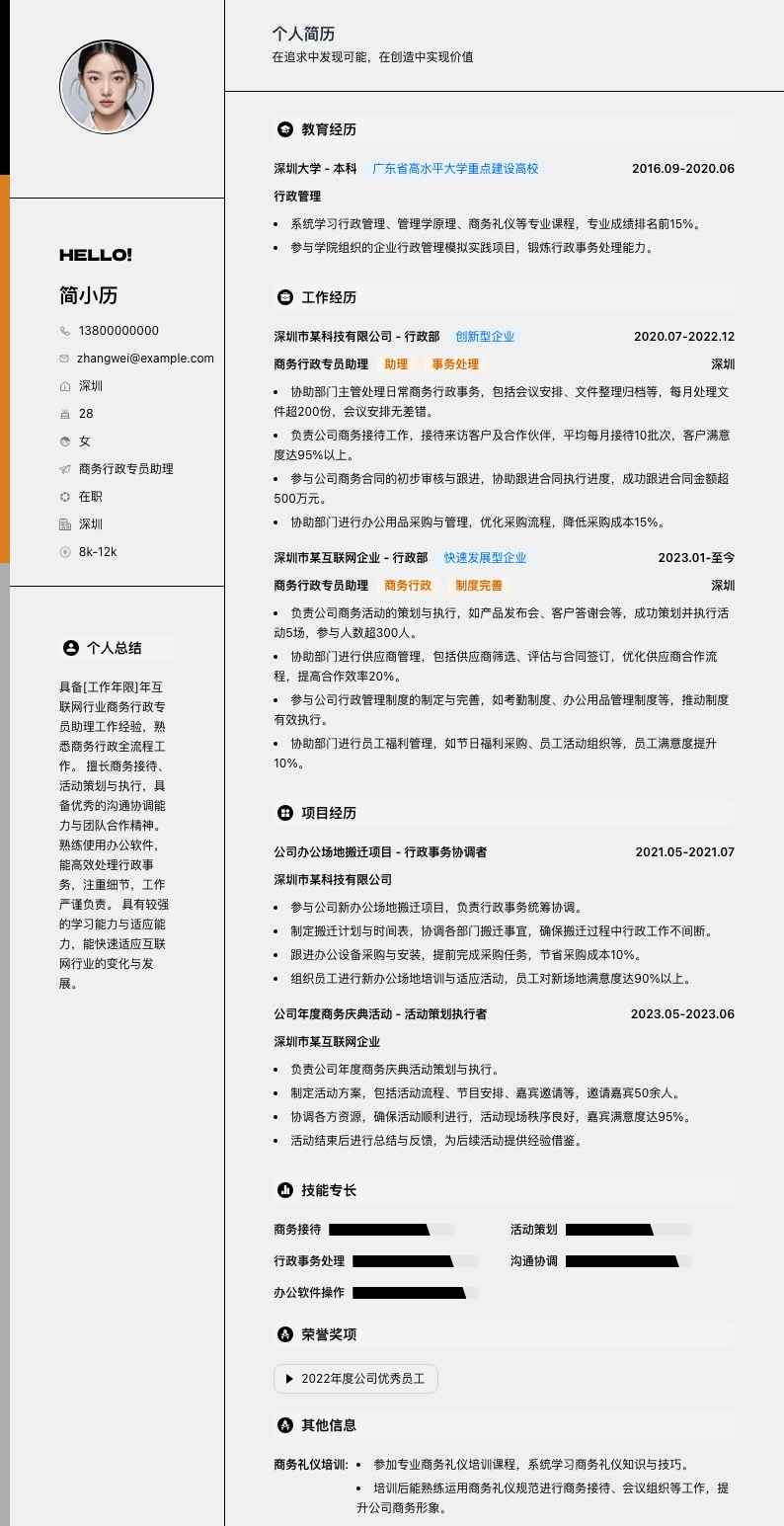 商务行政专员助理简历模板