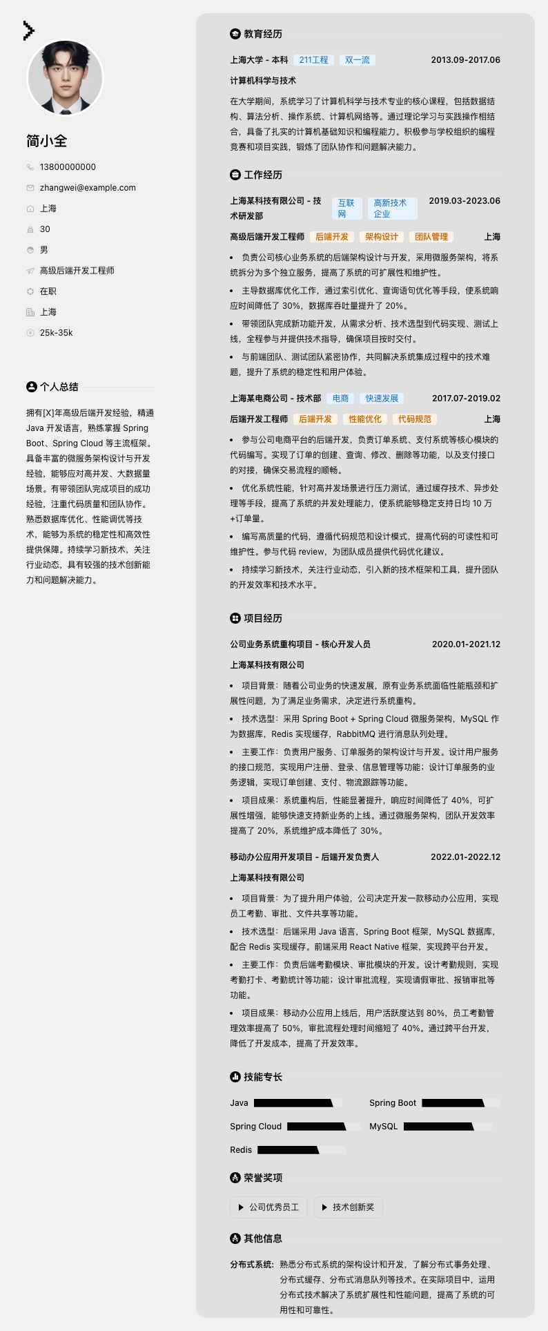 高级后端开发工程师简历模板