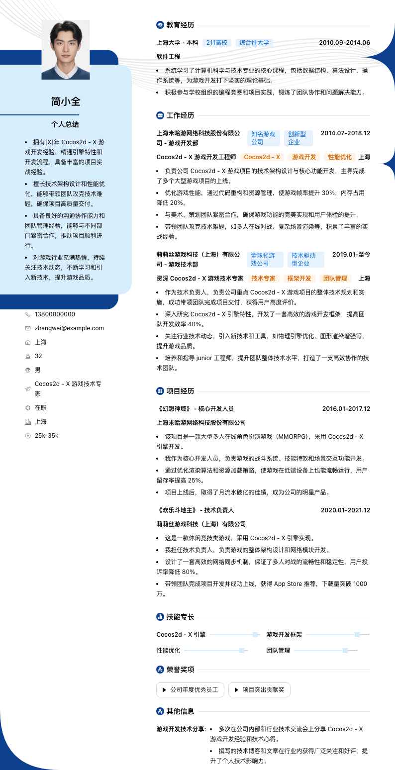 Cocos2d - X 游戏技术专家简历模板