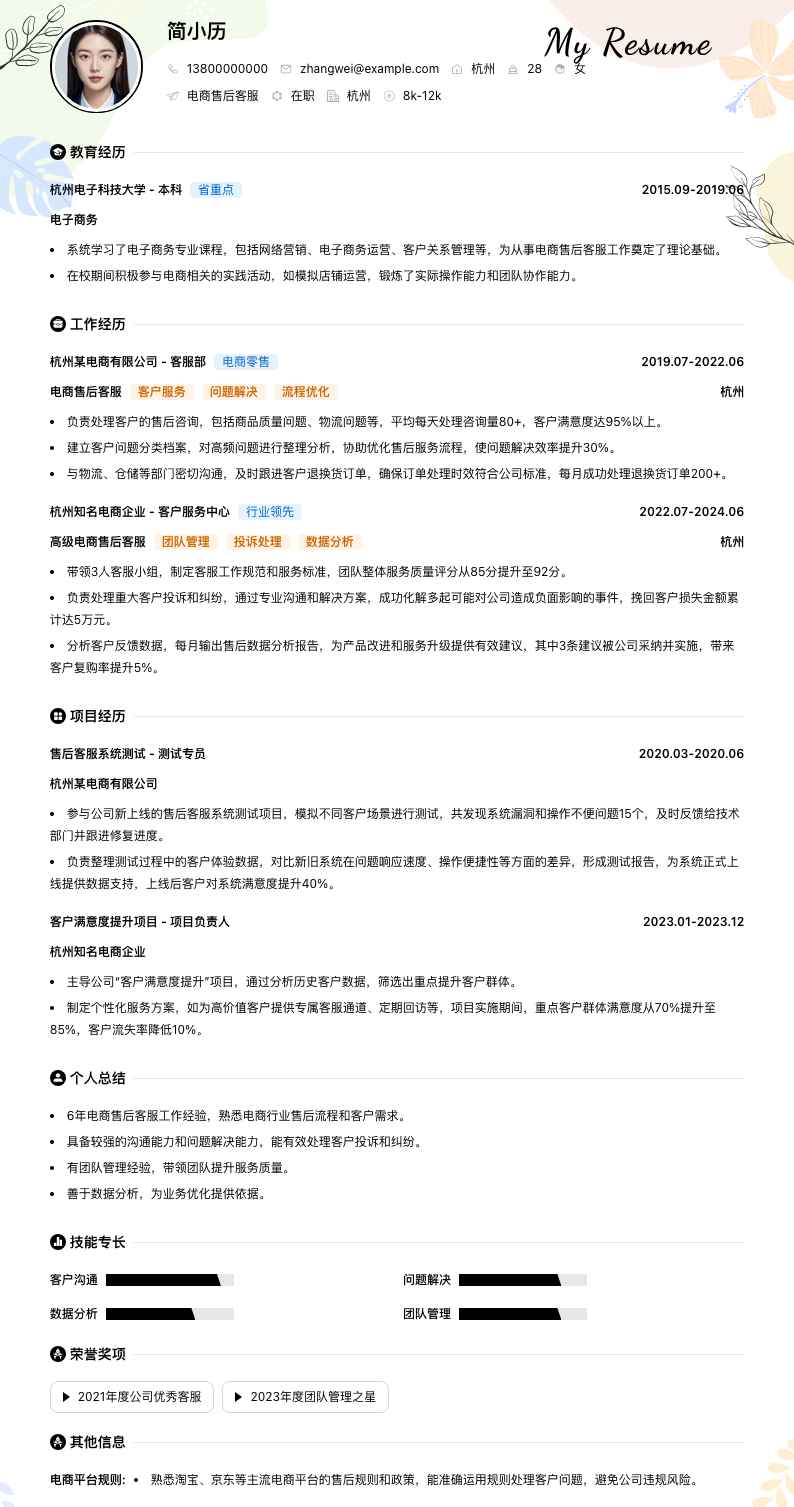 电商售后客服简历模板