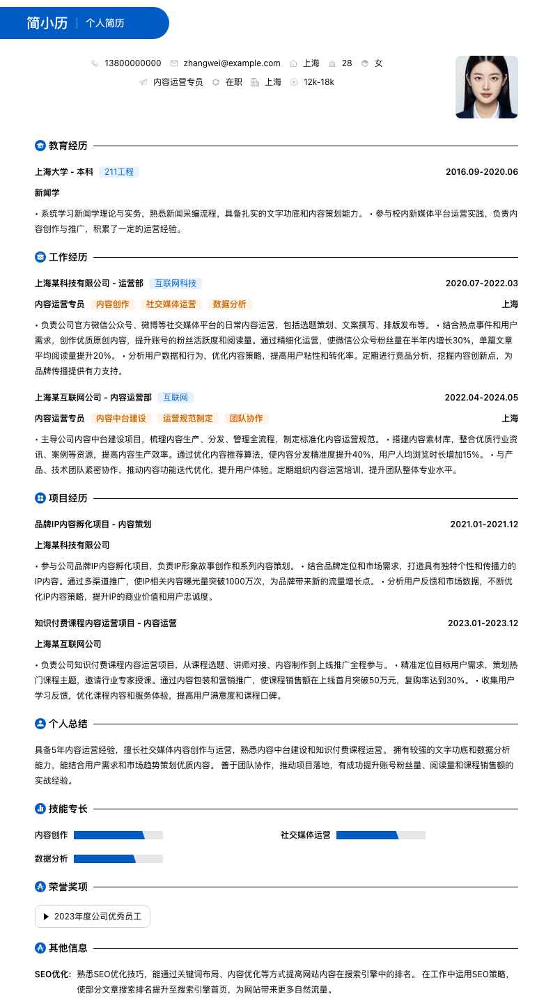 内容运营专员简历模板
