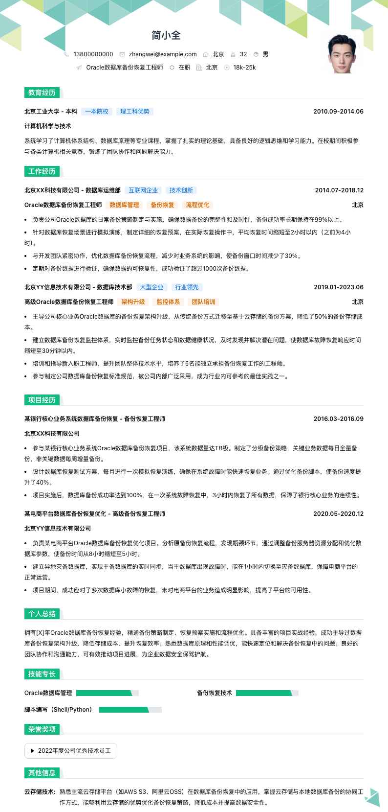 Oracle数据库备份恢复工程师简历模板