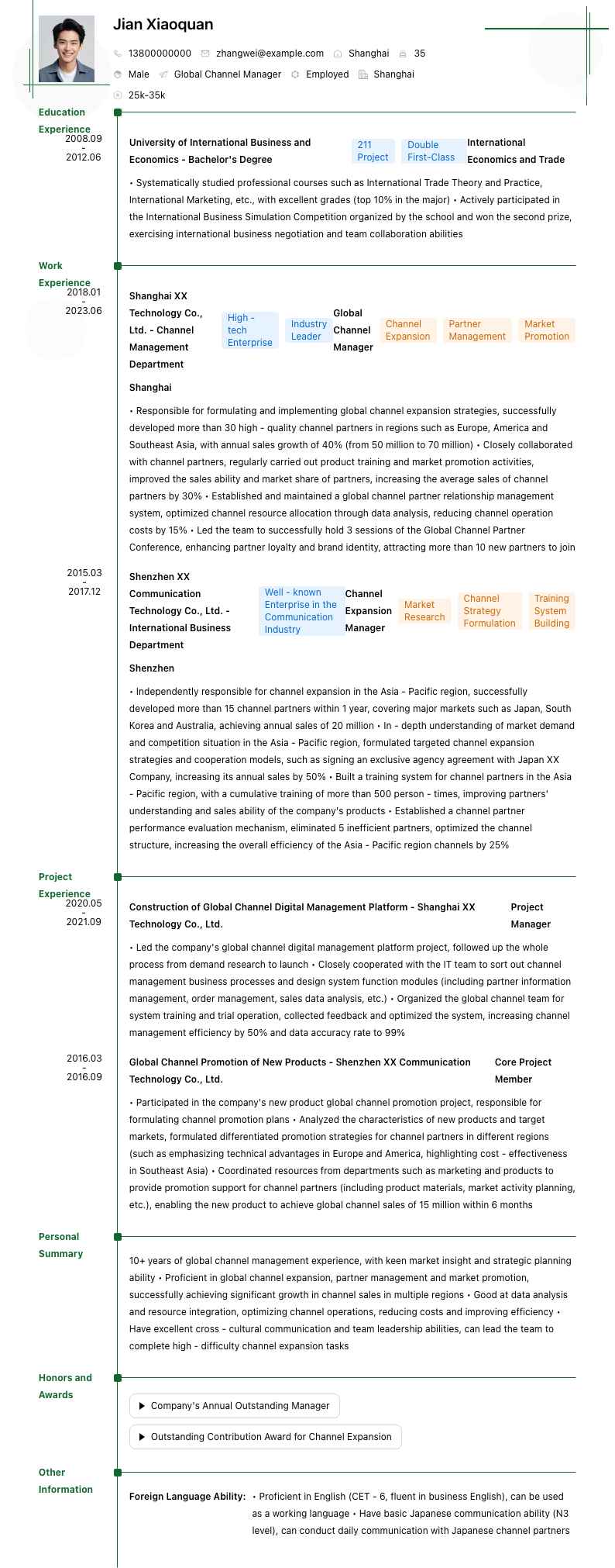 全球渠道经理简历模板