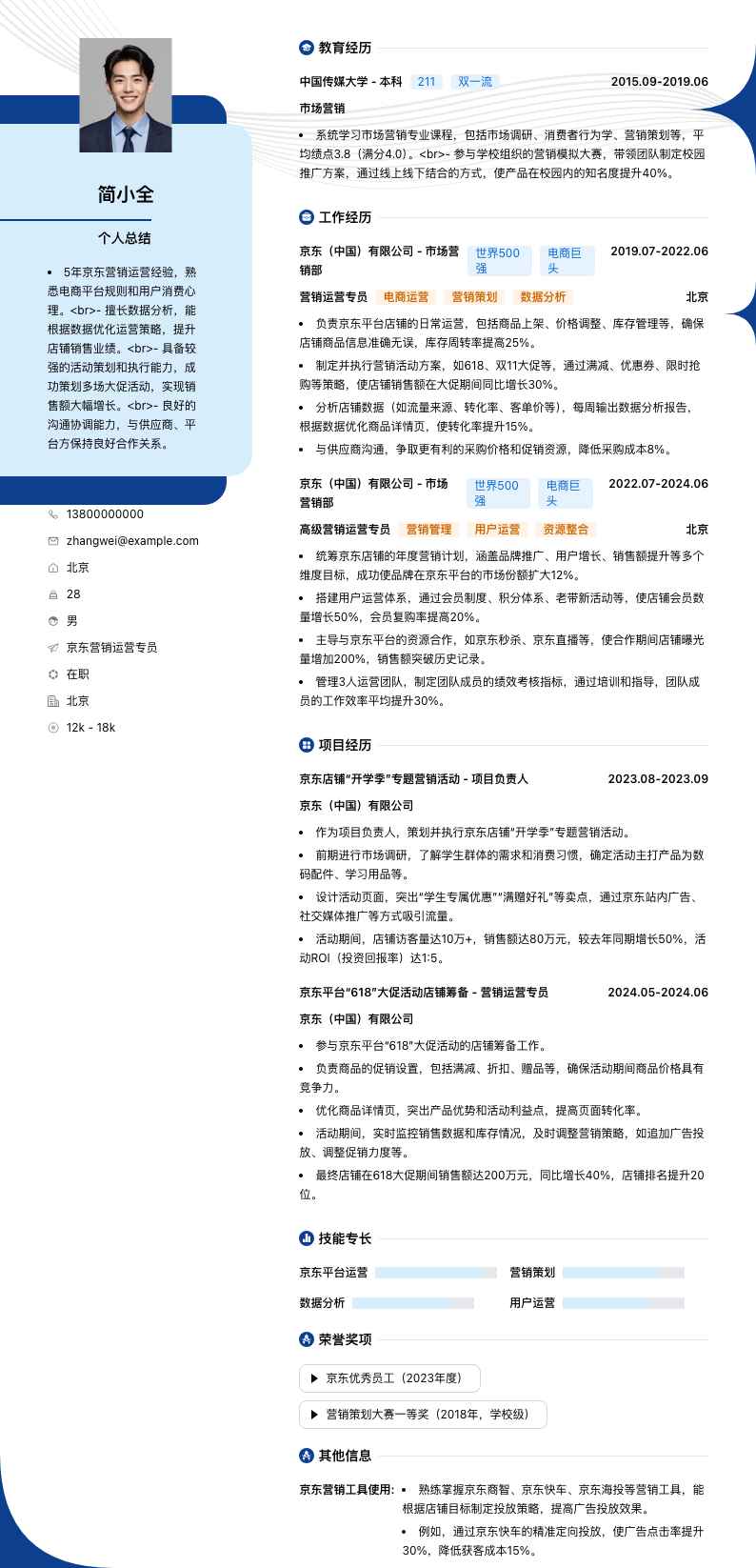 京东营销运营专员简历模板