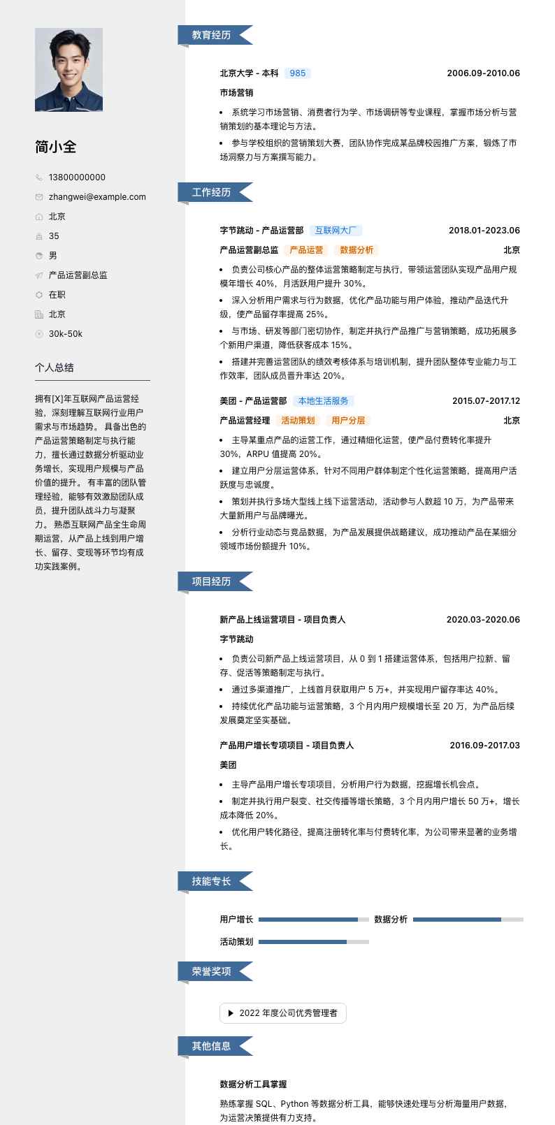 产品运营副总监简历模板