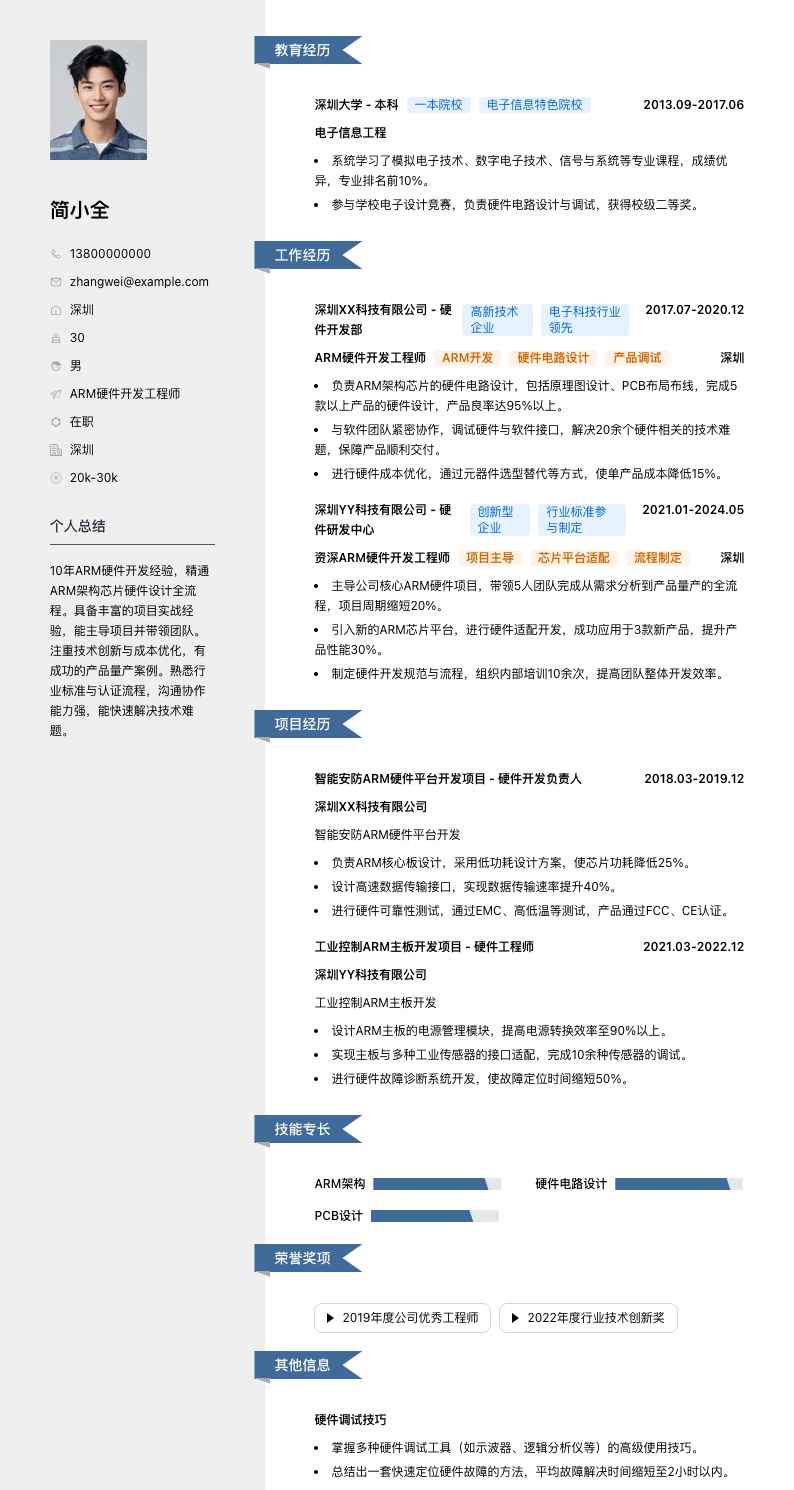 ARM硬件开发工程师简历模板
