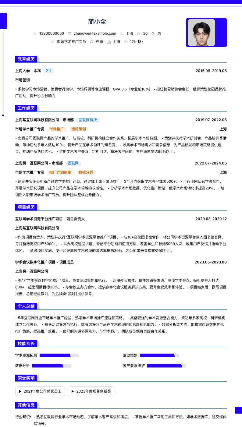 市场学术推广专员简历模板