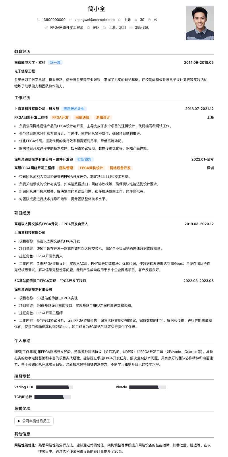 FPGA网络开发工程师简历模板