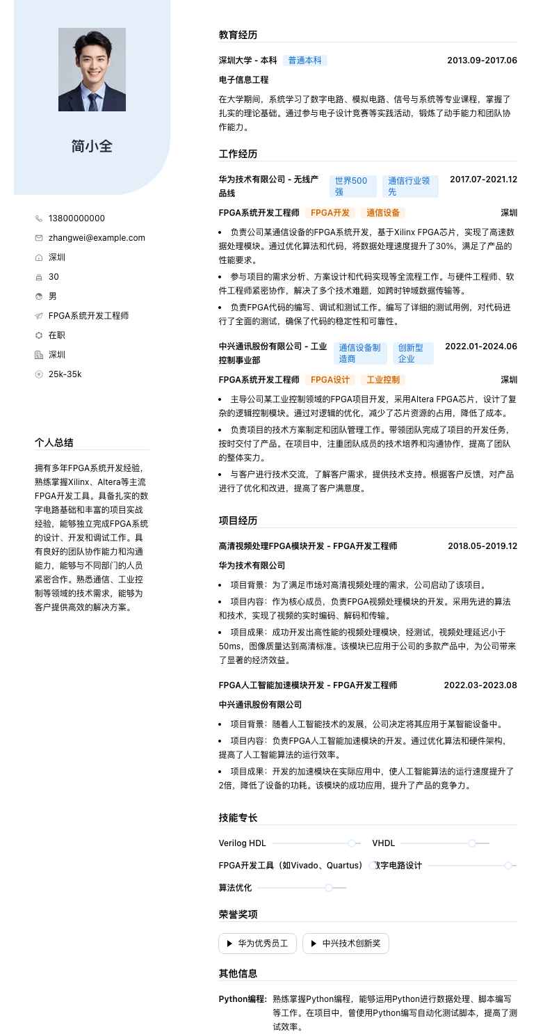 FPGA系统开发工程师简历模板