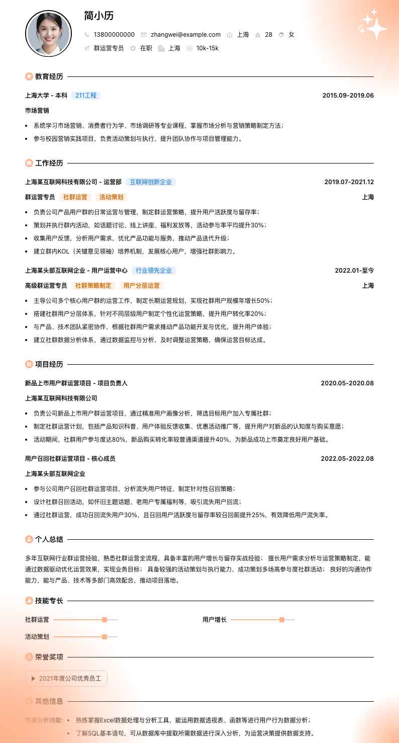 群运营专员简历模板