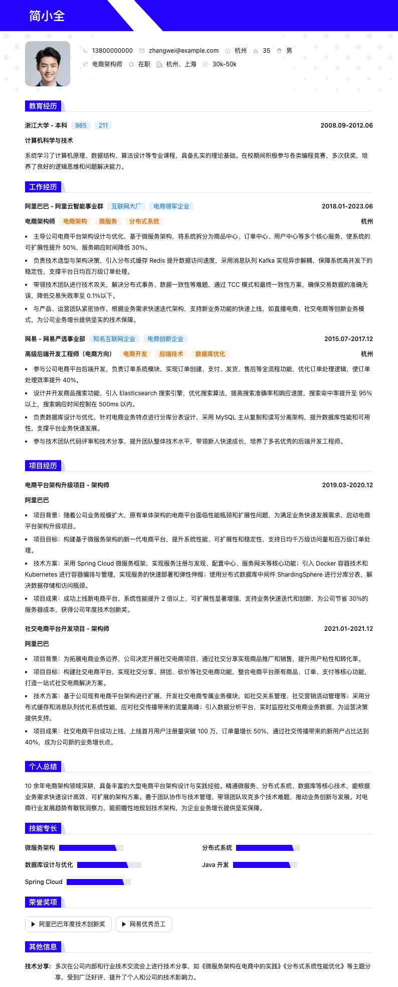 电商架构师简历模板