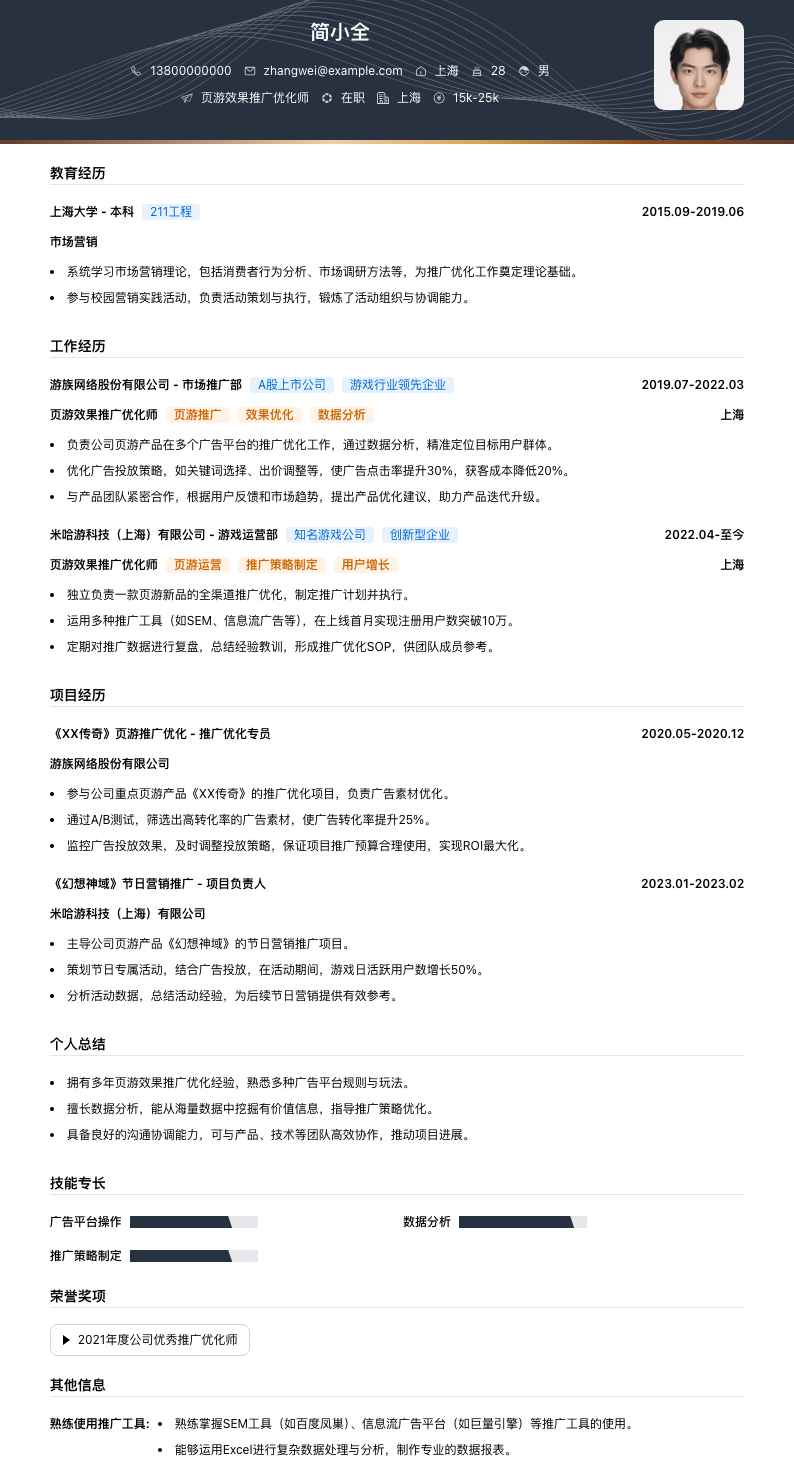 页游效果推广优化师简历模板