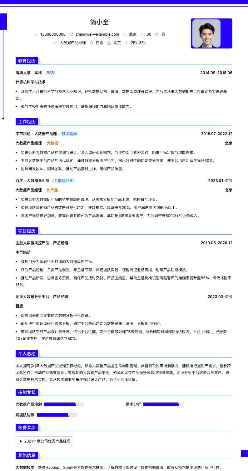 大数据专业产品经理简历模板