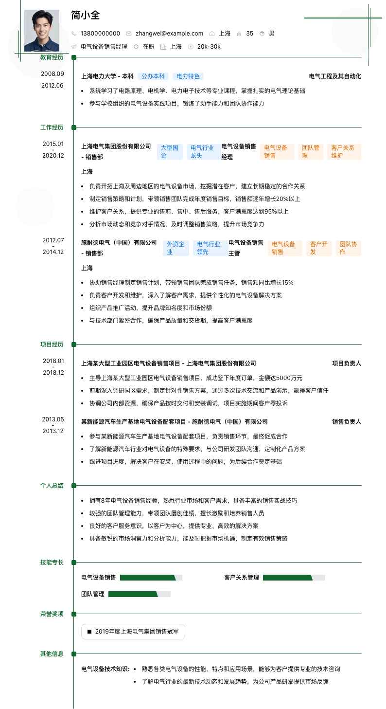 电气设备销售经理简历模板