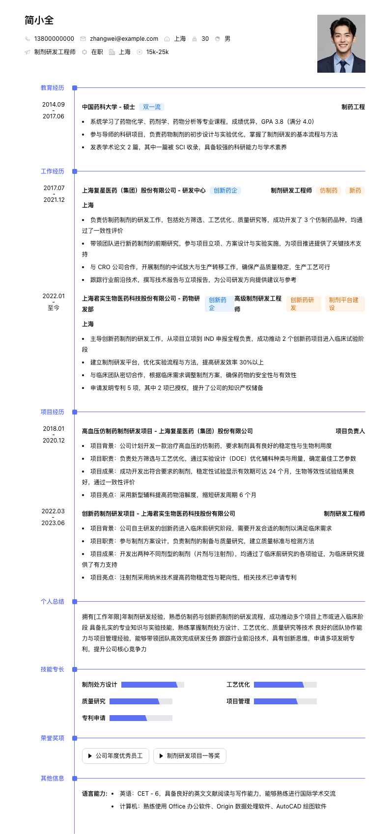 制剂研发简历模板