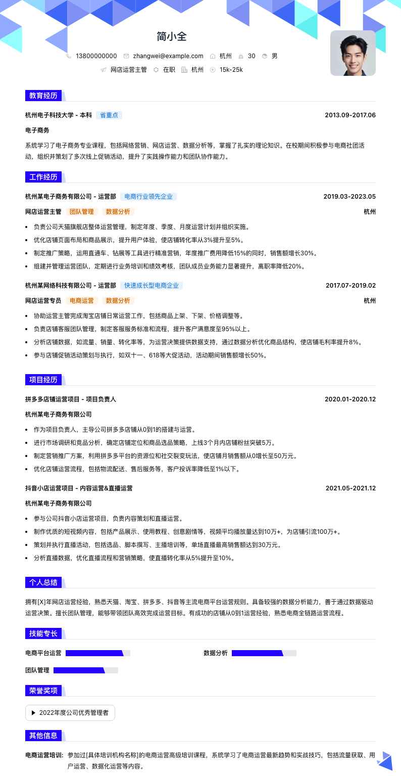 网店运营主管简历模板