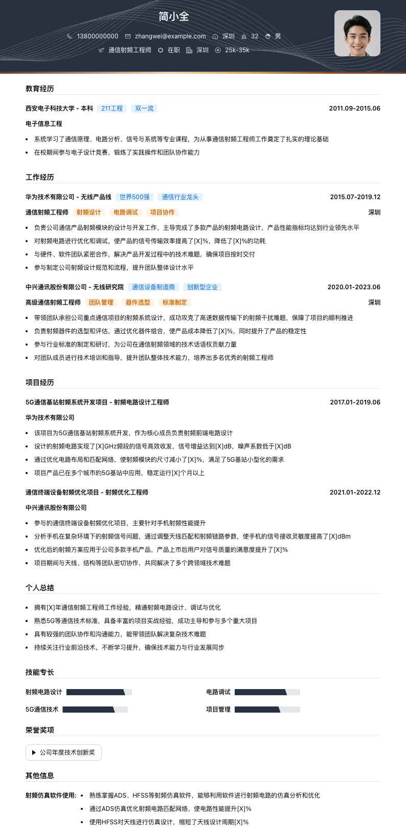 通信射频工程师简历模板