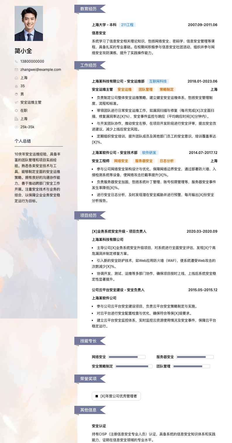 安全运维主管简历模板