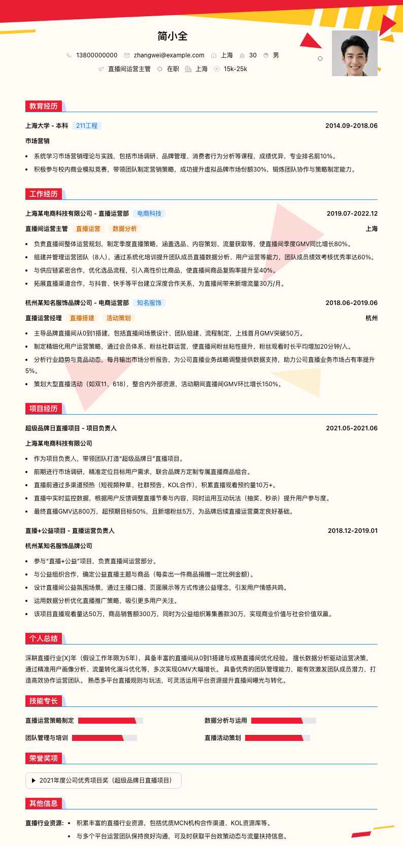 直播间运营主管简历模板