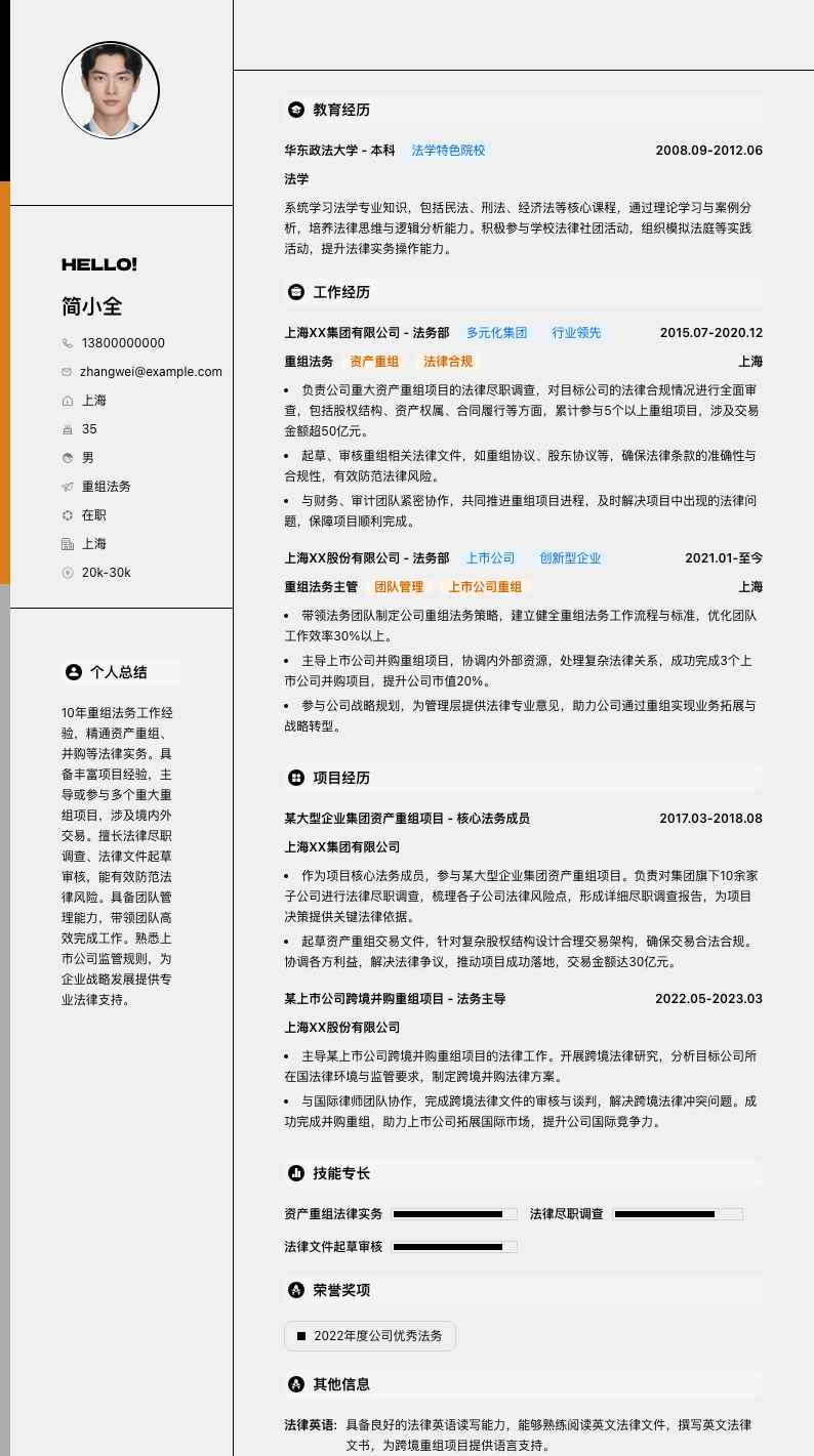 重组法务简历模板