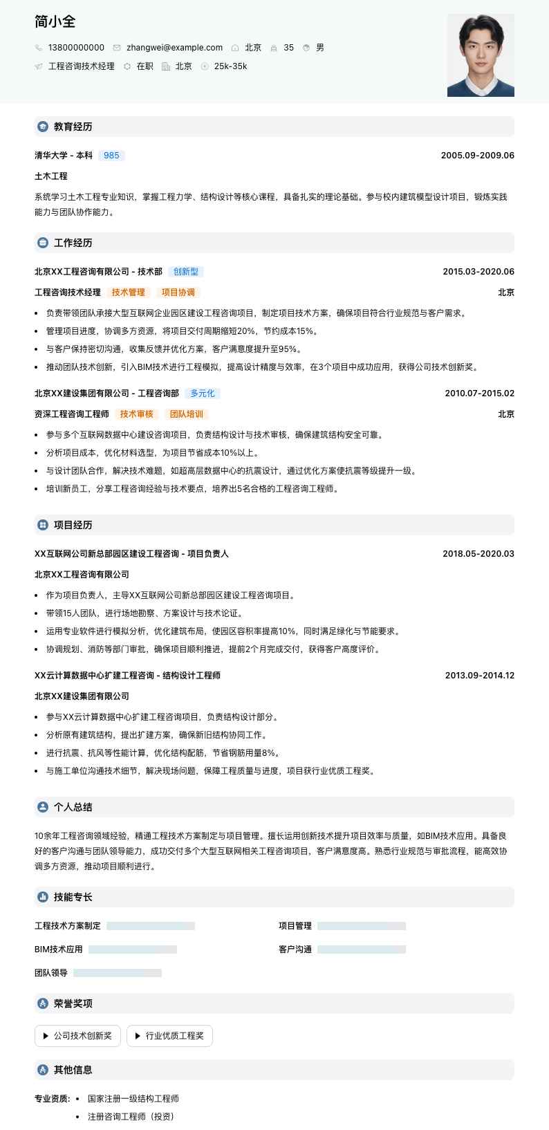 工程咨询技术经理简历模板