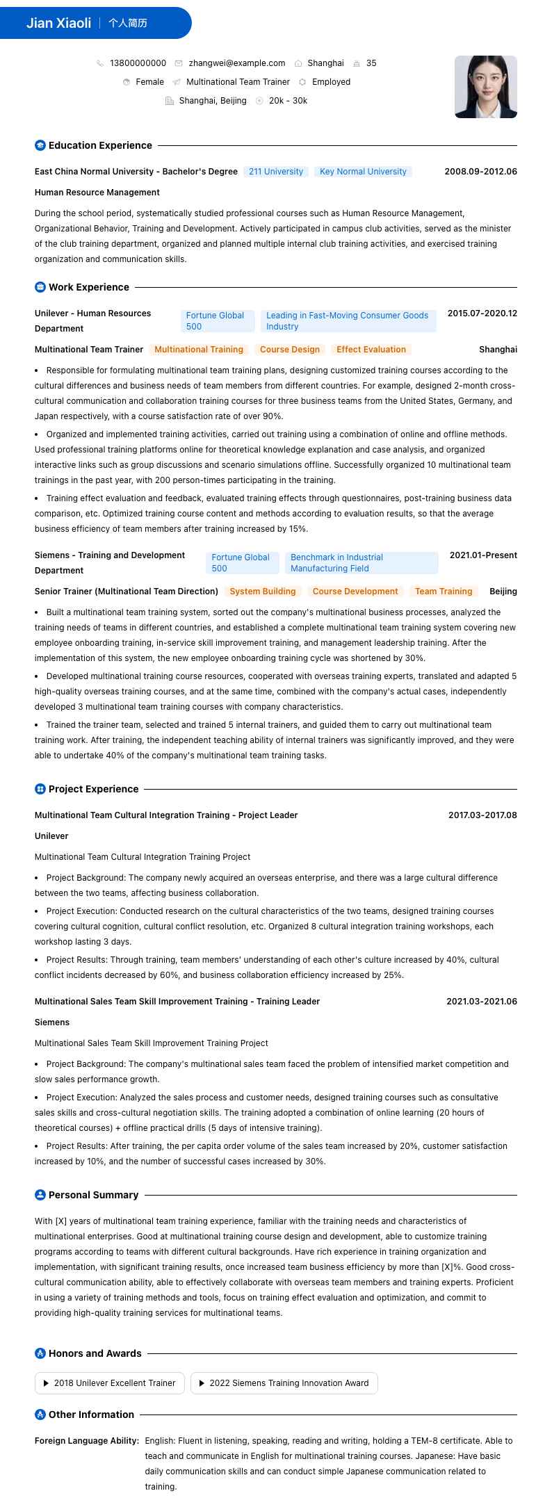 跨国团队培训师简历模板