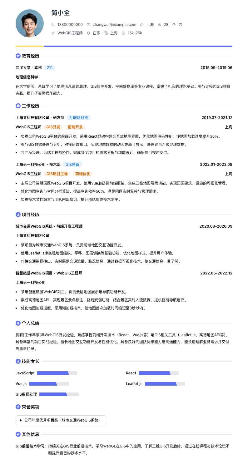 webgis工程师简历模板