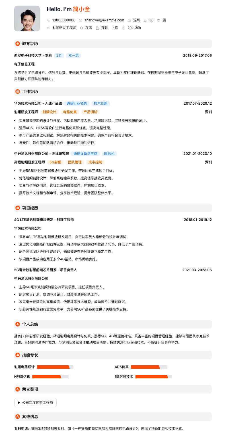 射频研发工程师简历模板