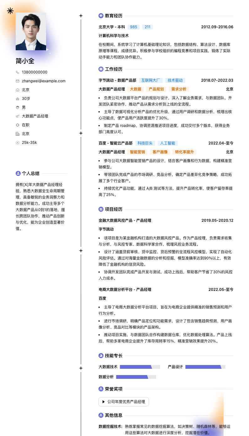 大数据产品经理简历模板