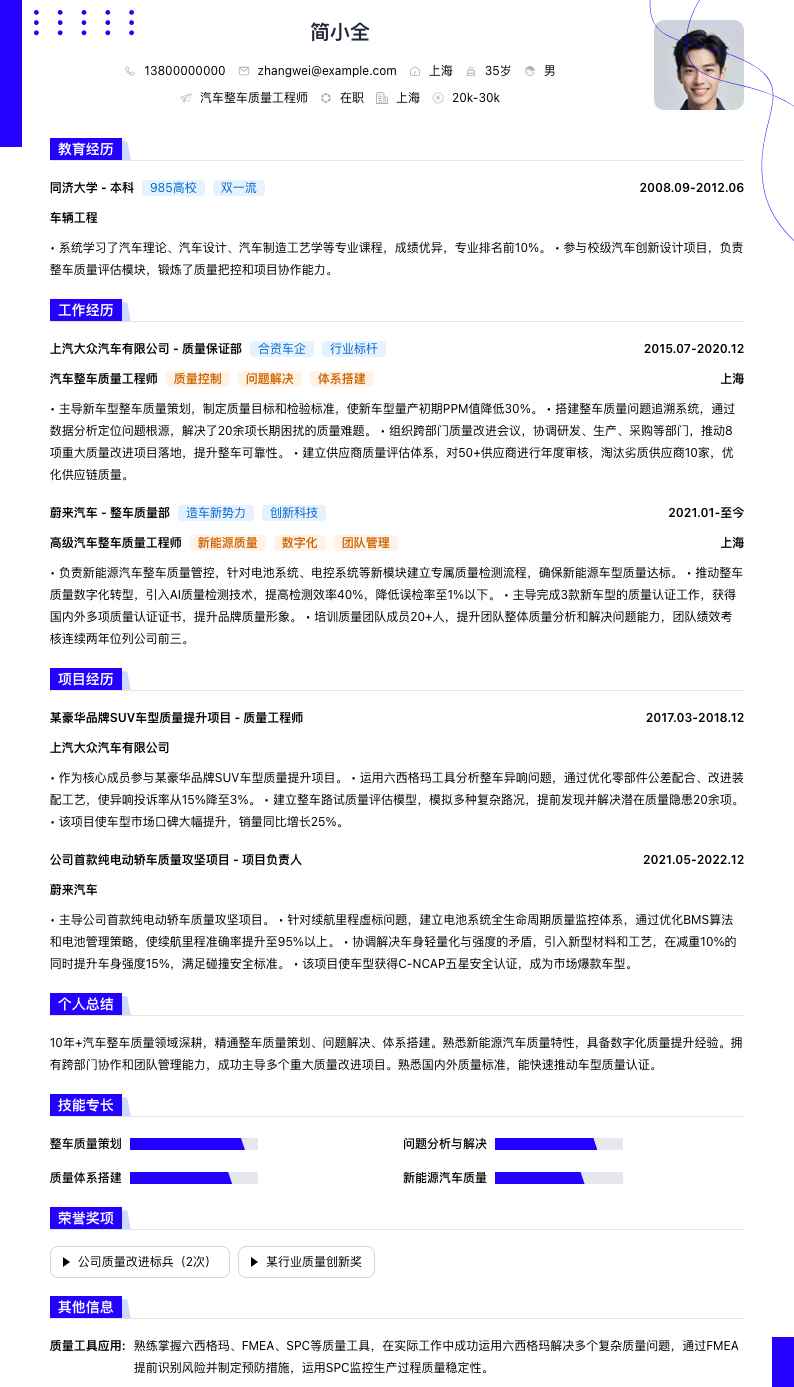 汽车整车质量工程师简历模板