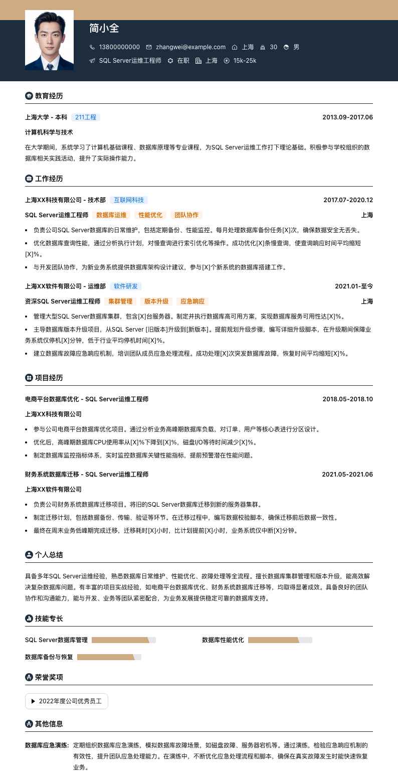 SQL Server运维工程师简历模板