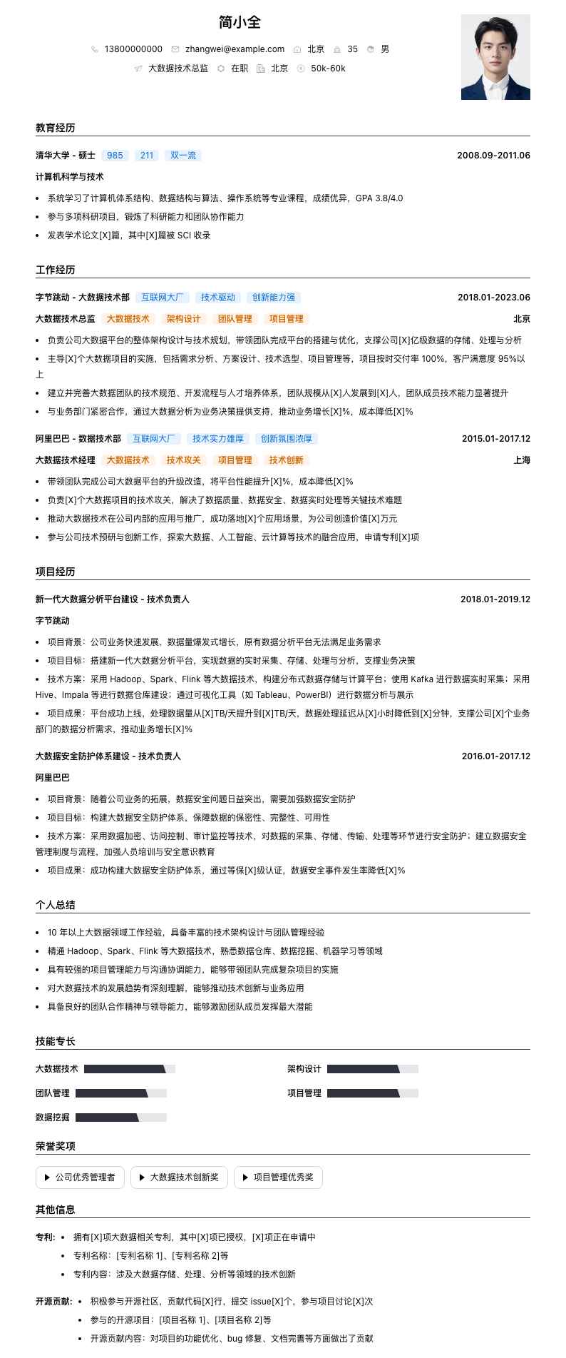大数据技术总监简历模板