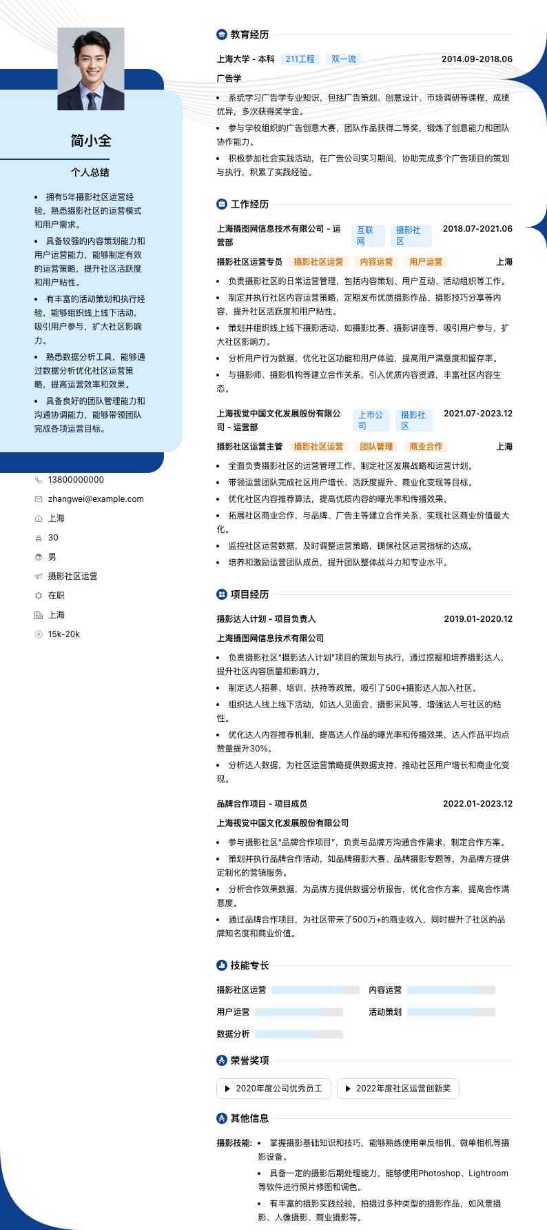 摄影社区运营简历模板