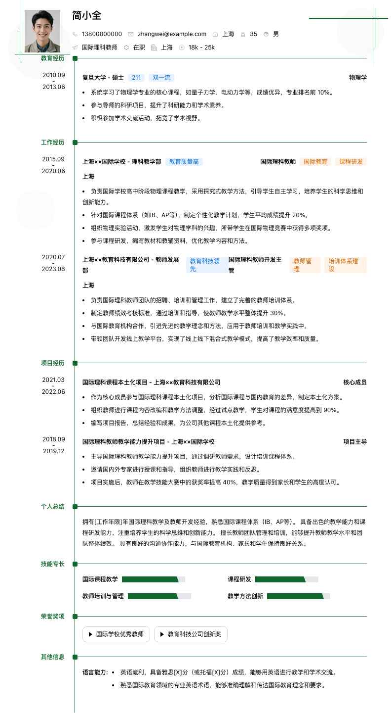 国际理科教师简历模板